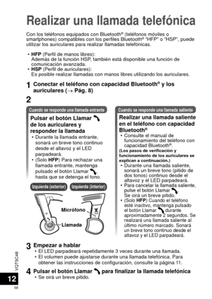 Page 58VQT5C48
58
12
Realizar una llamada telefónica
Con los teléfonos equipados con Bluetooth® (teléfonos móviles o 
smartphones) compatibles con los perfiles Bluetooth® “HFP” o “HSP”, puede 
utilizar los auriculares para realizar llamadas telefónicas.
 •HFP (Perfil de manos libres): 
Además de la función HSP, también está disponible una función de 
comunicación avanzada.
 • HSP (Perfil de auriculares): 
Es posible realizar llamadas con manos libres utilizando los auriculares\
.
Cuando se responde una llamada...