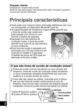 Page 70VQT5C48
70
2
Prezado clienteObrigado por comprar este produto.
Antes de usar este produto, leia atentamente estas instruções e gu\
arde o 
manual para futures referências.
Principais características
♦  Você pode ouvir música e fazer chamadas telefônicas com viva-
voz conectando um dispositivo Bluetooth® sem fio.
♦   As especificações de resistência à água (IPX4) permite \
que 
o fone de ouvido seja usado sem 
preocupação com chuva ou suor 
durante a prática de esportes.
♦   Equipado com alto-falantes de...