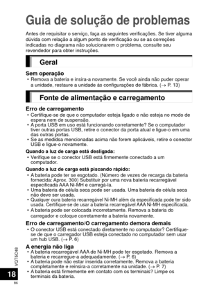 Page 86VQT5C48
86
18
Guia de solução de problemas
Antes de requisitar o serviço, faça as seguintes verificaçõe\
s. Se tiver alguma 
dúvida com relação a algum ponto de verificação ou se as \
correções 
indicadas no diagrama não solucionarem o problema, consulte seu 
revendedor para obter instruções.
Geral
Sem operação • Remova a bateria e insira-a novamente. Se você ainda não puder ope\
rar a unidade, restaure a unidade às configurações de fábrica. (\
 → P. 13)
Fonte de alimentação e carregamento
Erro de...