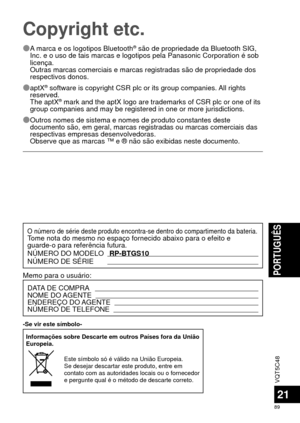 Page 89VQT5C48
89
PORTUGUÊS
21
Copyright etc.
 
Ô A marca e os logotipos Bluetooth® são de propriedade da Bluetooth SIG, 
Inc. e o uso de tais marcas e logotipos pela Panasonic Corporation é \
sob 
licença.
Outras marcas comerciais e marcas registradas são de propriedade dos \
respectivos donos.
 
Ô aptX
® software is copyright CSR plc or its group companies. All rights 
reserved.
The aptX
® mark and the aptX logo are trademarks of CSR plc or one of its 
group companies and may be registered in one or more...