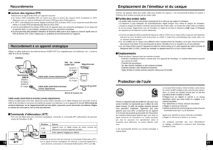 Page 14RQT8948
00
26
00
27
RQT8948
FRANÇAIS
Emplacement de l’émetteur et du casque
  Lecture des signaux DTS    Sélectionnez le signal audio DTS sur l’appareil raccordé. 
  ●  Un lecteur DVD compatible DTS est requis pour faire la lecture des disques DVD enregistrés en DTS. 
(Reportez-vous au manuel d’utilisation du lecteur DVD pour plus d’informations.) 
  ●  Si “OFF” a été sélectionné comme réglage numérique DTS du lecteur DVD, le son risque de ne pas être émis 
même si la sortie DTS est sélectionnée dans le...