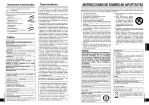 Page 18RQT8948
34
00
35
RQT8948
ESPAÑOL
11)  Utilice solamente los accesorios especiﬁ cados por 
el fabricante.
12)  Utilice solamente el aparato 
con el carrito, soporte, trípode, 
ménsula o mesa especiﬁ cado 
por el fabricante, o vendido con 
el aparato. Cuando utilice un 
carrito, tenga cuidado al mover 
la combinación del carrito y el 
aparato para evitar lesionarse si 
se voltea.
13)  Desenchufe este aparato durante las tormentas 
eléctricas o cuando no vaya a ser utilizado durante 
periodos largos de...