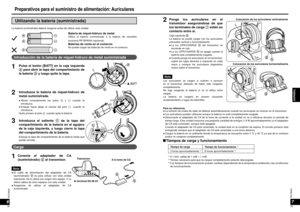 Page 20RQT8948
3839
RQT8948
ESPAÑOL
67
Utilizando la batería (suministrada)
La batería suministrada deberá cargarse antes de utilizar esta unidad.
Introducción de la batería de níquel-hidruro de metal suministrada
1
2
3
Introduzca el saliente c de la tapa del 
compartimiento de la batería en el agujero 
de la caja izquierda, y luego cierre la tapa 
del compartimiento de la batería.
Empuje la tapa del compartimiento de la batería hasta que 
quede cerrada.
Introduzca la batería de níquel-hidruro de 
metal...