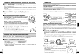 Page 21RQT8948
4041
RQT8948
ESPAÑOL
89
Utilizando pilas secas alcalinas (no incluidas)
Utilice pilas secas alcalinas “LR6, AA”. Ponga dos pilas alcalinas secas en los auriculares de la misma forma 
descrita en [Introducción de la batería de níquel-hidruro de metal suministrada]. ( página 6)
No podrá cargar las pilas secas aunque ponga los auriculares en el transmisor.
  Tiempo de funcionamiento con las pilas secas  Si la luz OPR/CHARGE no se enciende en rojo
   Compruebe que los lados derecho e izquierdo de los...