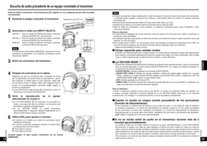 Page 23RQT8948
4445
RQT8948
ESPAÑOL
1312
Antes de utilizar el transmisor, lea [Conexiones] ( páginas 9 a 10) y asegúrese de que esté conectado 
correctamente.
1Encienda el equipo conectado al transmisor.
3Retire los auriculares del transmisor.
4Póngase los auriculares en la cabeza.
Asegúrese de que los auriculares estén orientados de forma 
que la caja derecha (R) quede sobre la oreja derecha, y que la 
caja izquierda (L) quede sobre la oreja izquierda. Luego baje 
los auriculares sobre su cabeza. Hacer esto...