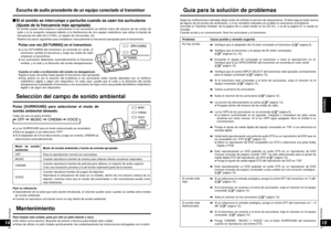 Page 24RQT8948
4647
RQT8948
ESPAÑOL
1415
Escucha de audio procedente de un equipo conectado al transmisor
Mantenimiento
Para limpiar esta unidad, pase por ella un paño blando y seco.
● No utilice nunca alcohol, diluyente de pintura o bencina para limpiar esta unidad.
●  Antes de utilizar un paño tratado químicamente, lea cuidadosamente las instrucciones entregadas con el paño.
  Si el sonido se interrumpe o perturba cuando se usan los auriculares
  (Ajuste de la frecuencia más apropiada)
   El sonido puede...