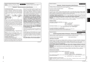 Page 34
RQT89486667
RQT8948ENGLISHFRANÇAIS
Panasonic Consumer Electronics Company, 
Division of Panasonic Corporation of North 
America
One Panasonic Way Secaucus, New Jersey 07094
FOR U.S.A.
Panasonic Puerto Rico, Inc.
Ave. 65 de Infantería, Km. 9.5, San Gabriel 
Industrial Park, Carolina, Puerto Rico 00985
Limited Warranty Coverage
If your product does not work properly because of a defect in 
materials or workmanship,  Panasonic Consumer Electronics 
Company or Panasonic  Puerto Rico, Inc. (collectively...