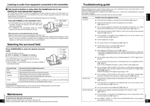 Page 8RQT8948
1415
RQT8948
ENGLISH
  If the sound is broken or noisy when the headphones are in use 
  (Setting the most appropriate frequency)
   The sound may be broken or noisy if the headphones are used outside the range of the radio waves or if 
the reception becomes poor due to the interference from other wireless equipment using the 2.4 GHz radio 
frequency band, a microwave etc.
   Perform the following steps to manually reset the appropriate frequency for transmitting.
Press [SURROUND] to select the...