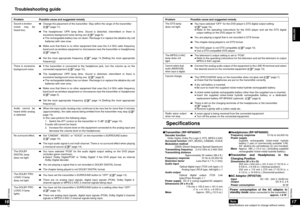 Page 9RQT8948
1617
RQT8948
ENGLISH
Problem Possible cause and suggested remedy
Sound is broken
(noise may be 
heard too).y  Change the placement of the transmitter. Stay within the range of the transmitter 
  (
 page 11).
y  The headphones’ OPR lamp dims. Sound is distorted, intermittent or there is 
excessive background noise during use (
 page 8).
  ●  The rechargeable battery has run down. Recharge it or replace the alkaline dry cell 
batteries with new ones. 
y  Make sure that there is no other equipment...