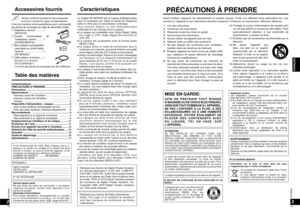 Page 10RQT8948
18
00
19
RQT8948
FRANÇAIS
Caractéristiques
Table des matières
Caractéristiques ...................................................... 2
PRÉCAUTIONS À PRENDRE .................................. 3
Précautions  ............................................................. 4
Nomenclature  ......................................................... 4
  Panneau avant de l’émetteur  ................................. 4
  Panneau arrière de l’émetteur  ............................... 5
 Casque...