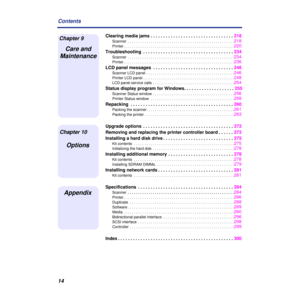 Page 1414
Clearing media jams . . . . . . . . . . . . . . . . . . . . . . . . . . \
. . . . . . .218
Chapter 10
Appendix
Chapter 9 