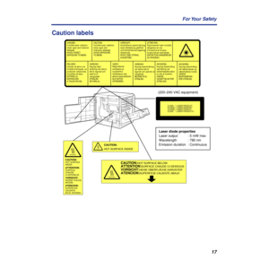 Page 1717 For Your  Safety
Caution labels 
CLASS
KLASSE
CLASSE
CLASE1 LASER PRODUCT
1 LASER PRODUKT
1 LASER PRODUIT
1 LÁSER PRODUCTO
CAUTION:
HOT SURFACE INSIDE
CAUTION:HOT SURFACE BELOWATTENTION:SURFACE CHAUDE CI-DESSOUSVORSICHT:HEIßE OBERFLÄCHE DARUNTERATENCION:SUPERFICIE CALIENTE ABAJO
ATTENTION:SURFACE
CHAUDE
CI-INTERIEUR
VORSICHT:HEISSE FLÄCHE
INTERN
ATENCION:SUPERFICIE
CALIENTE
EN EL INTERNO
CAUTION:HOT SURFACE
INSIDE
ATTENTION:
Rayonnement laser invisible
dangereux en cas
douverture et lorsque
la...