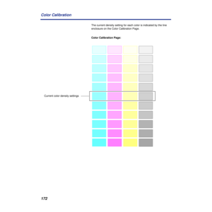 Page 172172 Color Calibration
The current density setting for each color is indicated by the line 
enclosure on the Color Calibration Page.
Color Calibration Page:
Current color density settings 