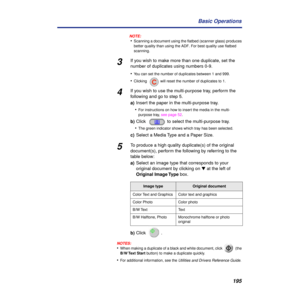 Page 195195 Basic Operations
NOTE:NOTE:
•Scanning a document using the flatbed (scanner glass) produces 
better quality than using the ADF. For best quality use flatbed 
scanning. 
3If you wish to make more than one duplicate, set the 
number of duplicates using numbers 0-9.
•
You can set the number of duplicates between 1 and 999.
•Clicking  will reset the number of duplicates to 1.
4If you wish to use the multi-purpose tray, perform the 
following and go to step 5.
a)  Insert the paper in the multi-purpose...