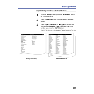 Page 203203
To print a Configuration Page or PostScript Font List:
PostScript Font List
PostScript Font ListConfiguration
PostScript Font List  