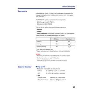 Page 2323 Before You  Start
Features
The KX-PS8100 system is a high quality system that provides fast color 
image processing functions, including color scanning, color printing, and 
color duplicating.
The KX-PS8100 system is comprised of two components:
•Color laser printer (KX-PS8101)
•Color scanner (KX-PS8102)
The KX-PS8100 system offers you the following functions:
•Scanning
•Printing
•Digital Duplicating (using Digital Duplicator Utility or the scanner panel)
These functions are available depending on the...