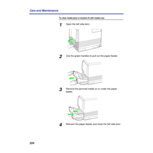 Page 224224 Care and Maintenance
To clear media jams in location B with media tray:
1Open the left side door.
2Use the green handles to pull out the paper feeder.
3Remove the jammed media on or under the paper 
feeder.
4Reinsert the paper feeder and close the left side door. 