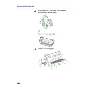 Page 228 
228 Care and Maintenance  8  a)
  Turn the fuser’s large green knob clockwise.
  b)
  Remove the jammed media.
  OR
  Remove the jammed media. 
9 
Replace the cleaning pad.
a b 