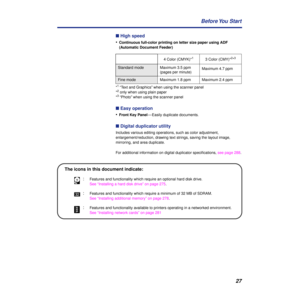 Page 2727 Before You  Start
n High speed
•
Continuous full-color printing on letter size paper using ADF 
(Automatic Document Feeder)
*
1 “Text and Graphics” when using the scanner panel
*2 only when using plain paper
*3 “Photo” when using the scanner panel
n Easy operation
•
Front Key Panel— Easily duplicate documents.
n Digital duplicator utility
Includes various editing operations, such as color adjustment, 
enlargement/reduction, drawing text strings, saving the layout image, 
mirroring, and area...