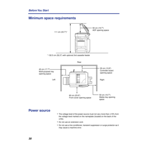 Page 3030 Before You  Start
Minimum space requirements
Power source
•The voltage level of the power source must not vary more than ±10% from 
the voltage level marked on the nameplate (located on the back of the 
units).
•Do not use an extension cord.
•Do not use a line conditioner, transient suppressor or surge protector as it 
may cause a machine error.
45 cm (17.7) 
Multi-purpose tray 
opening space
* 132.5 cm (52.2) with optional 2nd cassette feeder 50 cm (19.7)
ADF opening space
111 cm (43.7)*
35 cm...