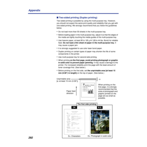 Page 292292 Appendix
n Two-sided printing (Duplex printing)
Two-sided printing is possible by using the multi-purpose tray. However, 
you should not expect the same print quality and reliability that you get with 
one-sided printing. We strongly recommend that you follow the guidelines 
below.
•Do not load more than 50 sheets in the multi-purpose tray.
•Before loading paper in the multi-purpose tray, adjust it so that the edges of 
the media are lightly touching the media guides of the multi-purpose tray.
•Use...