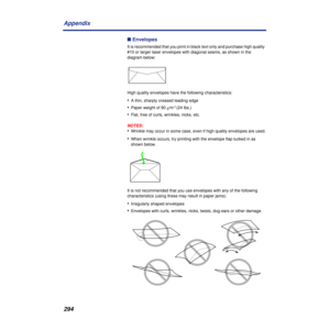 Page 294294 Appendix
n Envelopes
It is recommended that you print in black text only and purchase high quality 
#10 or larger laser envelopes with diagonal seams, as shown in the 
diagram below:
High quality envelopes have the following characteristics:
•A thin, sharply creased leading edge
•Paper weight of 90 g/m 2 (24 lbs.)
•Flat, free of curls, wrinkles, nicks, etc.
NOTES:
•Wrinkle may occur in some case, even if high quality envelopes are used.
•When wrinkle occurs, try printing with the envelope ﬂap tucked...