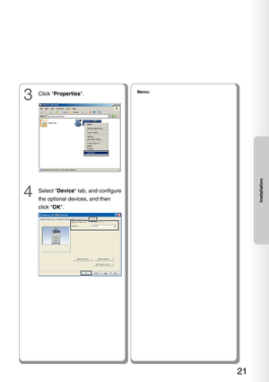 Page 2121
Installation
Memo:
4Select Device tab, and configure
the optional devices, and then
click  OK.
3Click  Properties . 