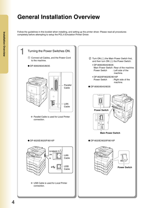 Page 4General Installation Overview
4
Installation Overview
1Turning the Power Switches ON.
Follow the guidelines in this booklet when installing, and setting up th\
e printer driver. Please read all procedures
completely before attempting to setup the PCL 6 Emulation Printer Driver.
Turn ON ( 
 ) the Main Power Switch first,
and then turn ON ( 
 ) the Power Switch.
• DP-8060/8045/8035
Main Power Switch : Rear of the machine.
Power Switch : Left side of the
machine.
• DP-8020P/8020E/8016P
Power Switch : Right...