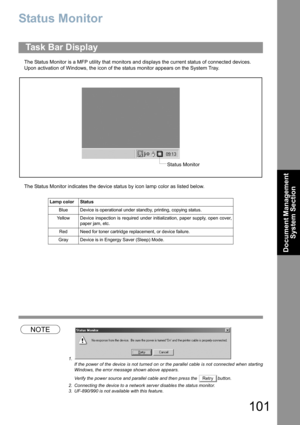 Page 101101
Document Management 
System Section
Status Monitor
The Status Monitor is a MFP utility that monitors and displays the current status of connected devices.
Upon activation of Windows, the icon of the status monitor appears on the System Tray.
The Status Monitor indicates the device status by icon lamp color as listed below.
NOTE
1.
If the power of the device is not turned on or the parallel cable is not connected when starting
Windows, the error message shown above appears.
Verify the power source and...