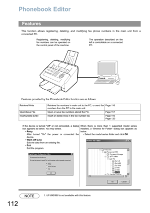 Page 112112
Phonebook Editor
This function allows registering, deleting, and modifying fax phone numbers in the main unit from a
connected PC.
Features provided by the Phonebook Editor function are as follows:
NOTE1. UF-890/990 is not available with this feature.
Features
Registering, deleting, modifying
fax numbers can be operated on
the control panel of the machine.The operation described on the
left is controllable on a connected
PC.
Retrieve/Write  Retrieve fax numbers in main unit to the PC, or send fax...