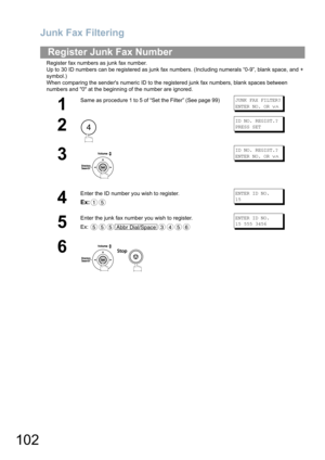 Page 102Junk Fax Filtering
102
Register fax numbers as junk fax number.
Up to 30 ID numbers can be registered as junk fax numbers. (Including numerals “0-9”, blank space, and + 
symbol.)
When comparing the senders numeric ID to the registered junk fax numbers, blank spaces between 
numbers and 0 at the beginning of the number are ignored.
Register Junk Fax Number
1
Same as procedure 1 to 5 of “Set the Filter” (See page 99)JUNK FAX FILTER?
ENTER NO. OR 
∨∧
2
ID NO. REGIST.?
PRESS SET
3
ID NO. REGIST.?
ENTER NO....