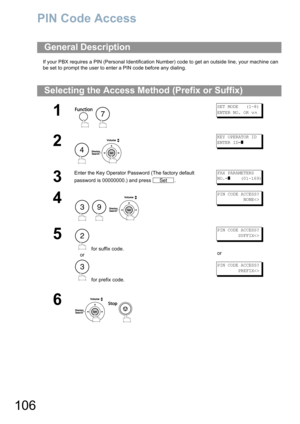 Page 106106
PIN Code Access
If your PBX requires a PIN (Personal Identification Number) code to get an outside line, your machine can 
be set to prompt the user to enter a PIN code before any dialing.
General Description
Selecting the Access Method (Prefix or Suffix)
1
 
SET MODE   (1-8)
ENTER NO. OR 
∨∧
2
 
KEY OPERATOR ID
ENTER ID=
]
3
Enter the Key Operator Password (The factory default 
password is 00000000.) and press  .FAX PARAMETERS
NO.=
]    (01-169)
4
  
PIN CODE ACCESS?
          NONE
5
 for suffix...