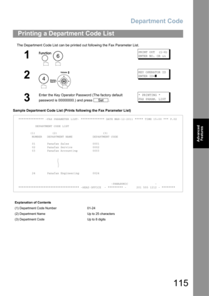 Page 115Department Code
115
Advanced 
Features
The Department Code List can be printed out following the Fax Parameter List.
Sample Department Code List (Prints following the Fax Parameter List)
Printing a Department Code List
1
 
PRINT OUT  (1-6)
ENTER NO. OR ∨∧
2
 
KEY OPERATOR ID
ENTER ID=
]
3
Enter the Key Operator Password (The factory default 
password is 00000000.) and press  .* PRINTING *
FAX PARAM. LIST
Explanation of Contents
(1) Department Code Number 01-24
(2) Department Name Up to 25 characters
(3)...