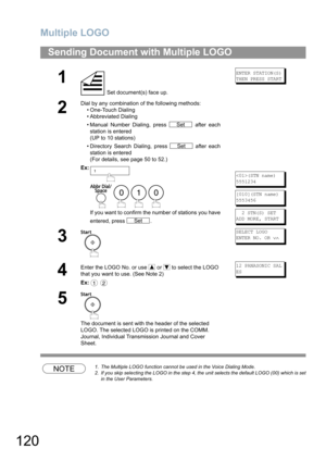 Page 120Multiple LOGO
120
NOTE1. The Multiple LOGO function cannot be used in the Voice Dialing Mode.
2. If you skip selecting the LOGO in the step 4, the unit selects the default LOGO (00) which is set
in the User Parameters.
Sending Document with Multiple LOGO
1
 Set document(s) face up.
ENTER STATION(S)
THEN PRESS START
2
Dial by any combination of the following methods:
• One-Touch Dialing
• Abbreviated Dialing
• Manual Number Dialing, press   after each
station is entered
(UP to 10 stations)
• Directory...