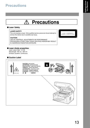 Page 1313
Getting to Know 
Your Machine
Precautions
Precautions
■ Laser Safety
■ Laser diode properties:
Laser output: Max. 15 mW
Wavelength: 760 nm - 800 nm
Emission duration: Continuous
■ Caution Label
LASER SAFETY
This unit employs a laser. Only qualified service personnel should attempt to 
service this device due to possible eye injury.
CAUTION:
USE OF CONTROLS, ADJUSTMENTS OR PERFORMANCE 
PROCEDURES OTHER THAN THOSE SPECIFIED HEREIN MAY RESULT 
IN HAZARDOUS RADIATION EXPOSURE.
PNQT2154ZA
CLASS 1 LASER...