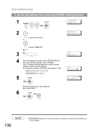 Page 136Sub-addressing
136
NOTE1.  separates the Sub-address from the Telephone number and is indicated by an 
s in the display.
To set the Sub-address into a One-Touch/ABBR. Dialing Numbers
1
    
1:ONE-TOUCH
2:ABBR NO.
2
 to select “One-Touch”.
or
 to select “ABBR.NO.”.
Ex:
ONE-TOUCH<  >
PRESS ONE-TOUCH
3
Ex:
ENTER TEL.#
4
Enter the telephone number, press   and 
then enter the Sub-address. (Up to 20 digits)
(Up to 36 digits including telephone number, pauses, 
spaces, FLASH and Sub-address)
Ex: Telephone...