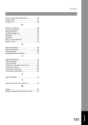 Page 191191
Index
Appendix
Priority Transmission Reservation ...................... 63
Program Keys ..................................................... 81
Program List ...................................................... 163
R
Receive To Memory ............................................ 95
Receiving Password.......................................... 125
Reception Modes ................................................ 66
Recording Paper Jam ....................................... 173
Redialing...