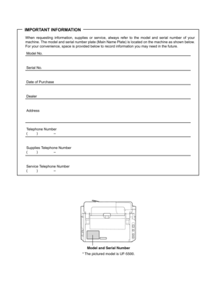 Page 199IMPORTANT INFORMATION
When requesting information, supplies or service, always refer to the model and serial number of your
machine. The model and serial number plate (Main Name Plate) is located on the machine as shown below.
For your convenience, space is provided below to record information you may need in the future.
Model No.
Serial No.
Date of Purchase
Dealer
Address
Telephone Number
() –
Supplies Telephone Number
() –
Service Telephone Number
() –
Model and Serial Number
* The pictured model is...