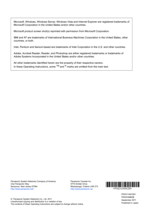 Page 200Published in Japan September 2011
PNQX3486ZB
PD0311AN1091
Microsoft, Windows, Windows Server, Windows Vista and Internet Explorer are registered trademarks of 
Microsoft Corporation in the United States and/or other countries.
Microsoft product screen shot(s) reprinted  with permission from Microsoft Corporation.
IBM and AT are trademarks of International Busine ss Machines Corporation in the United States, other 
countries, or both.
Intel, Pentium and Itanium-based are trademarks of  Intel Corporation...