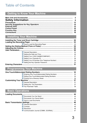 Page 33
Table of Contents
Main Unit and Accessories............................................................................................ 2
Safety Information.......................................................................................... 8
Precautions .....................................................................................................................13
Security Suggestions for Key Operators ..................................................................... 14
External View...