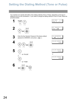 Page 2424
Setting the Dialing Method (Tone or Pulse)
Your machine can operate with either of two dialing methods (Tone or Pulse), depending on the type of 
telephone line you are connected to.  If you need to change the dialing method to Tone or Pulse, follow the 
procedure below.
1
 
SET MODE   (1-8)
ENTER NO. OR 
∨∧
2
 
KEY OPERATOR ID
ENTER ID=
]
3
Enter the Key Operator Password (The factory default 
password is 00000000.) and press  .FAX PARAMETERS
NO.=
]   (01-169)
4
  
DIALING METHOD?
          TONE
5...