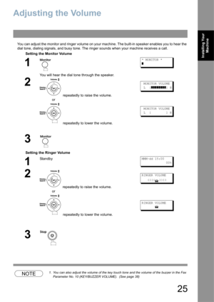 Page 2525
Installing Your 
Machine
Adjusting the Volume
You can adjust the monitor and ringer volume on your machine. The built-in speaker enables you to hear the 
dial tone, dialing signals, and busy tone. The ringer sounds when your machine receives a call.
NOTE1. You can also adjust the volume of the key touch tone and the volume of the buzzer in the Fax 
Parameter No. 10 (KEY/BUZZER VOLUME).  (See page 38)
Setting the Monitor Volume
1
You will hear the dial tone through the speaker.
* MONITOR *
]
2...