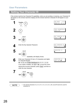 Page 28User Parameters
28
If the remote machine has Character ID capabilities, when you are sending or receiving, your Character ID 
will appear on the remote machines display and the remote machines Character ID will appear on your 
display.
NOTE1. The special characters Å, å, Ä, ä, Ö, ö, Ü, ü, È, è, É, é, Æ, æ and Ñ cannot be used for 
Character ID.
Setting Your Character ID
1
 
SET MODE   (1-8)
ENTER NO. OR 
∨∧
2
USER PARAMETERS?
PRESS SET
3
KEY OPERATOR ID
ENTER ID=
]
4
Enter the Key Operator Password.KEY...