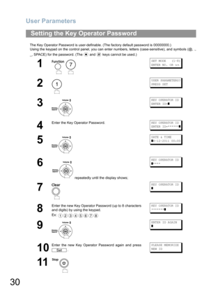 Page 30User Parameters
30
The Key Operator Password is user-definable. (The factory default password is 00000000.)
Using the keypad on the control panel, you can enter numbers, letters (case-sensitive), and symbols (@, .,
_, SPACE) for the password. (The   and   keys cannot be used.)
Setting the Key Operator Password
1
 
SET MODE   (1-8)
ENTER NO. OR 
∨∧
2
USER PARAMETERS?
PRESS SET
3
KEY OPERATOR ID
ENTER ID=
]
4
Enter the Key Operator Password.KEY OPERATOR ID
ENTER ID=******
]
5
DATE & TIME
]8-12-2011 00:00...
