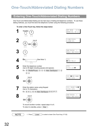 Page 3232
Programming Your Machine
One-Touch/Abbreviated Dialing Numbers
One-Touch and Abbreviated Dialing are two fast ways of dialing full telephone numbers.  To use these 
dialing methods, you must first store the telephone number using the following procedure.
NOTE1. Press   to select a lower One-Touch key (17-32).
Entering One-Touch/Abbreviated Dialing Numbers
To enter a One-Touch key, follow the steps below
1
 
SET MODE   (1-8)
ENTER NO. OR 
∨∧
2
 
1:ONE-TOUCH
2:ABBR NO.
3
ONE-TOUCH<  >
PRESS ONE-TOUCH
4...