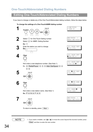 Page 34One-Touch/Abbreviated Dialing Numbers
34
If you have to change or delete any of the One-Touch/Abbreviated dialing numbers, follow the steps below.
NOTE1. If you made a mistake, use  or   to move the cursor beyond the incorrect number, press 
 and then re-enter the new number.
Editing One-Touch/Abbreviated Dialing Numbers
To change the settings of a One-Touch/ABBR dialing number
1
    
1:ONE-TOUCH
2:ABBR NO.
2Select   for One-Touch Dialing number
Select   for ABBR. Dialing Number
Ex:ONE-TOUCH<  >
PRESS...