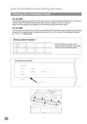 Page 36One-Touch/Abbreviated Dialing Numbers
36
For UF-5500
Cut along the solid line and place it over the One-Touch key under the Directory Sheet Cover. To print out a 
directory sheet, the Network Address Book Editor must be installed in your PC in advance.
Refer to the Help pages of the software for the procedures to print the directory sheet.
For UF-4500
To print a Directory Sheet for the UF-4500, open the Microsoft® Word file Template included in the CD-ROM.
Using MS Word, type the Stations Name for each...