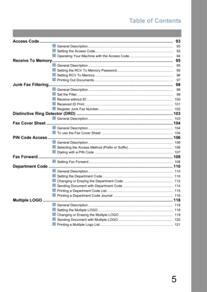 Page 5Table of Contents
5
Access Code ................................................................................................................... 93
QGeneral Description........................................................................................ 93
QSetting the Access Code ................................................................................ 93
QOperating Your Machine with the Access Code ............................................. 94
Receive To...