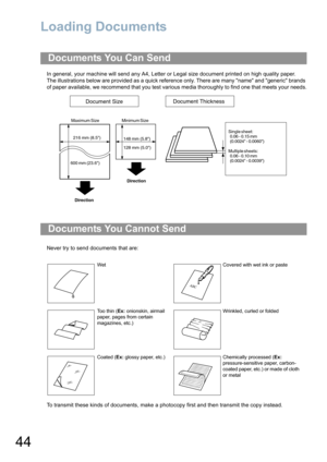 Page 4444
Basic Operations
Loading Documents
In general, your machine will send any A4, Letter or Legal size document printed on high quality paper.
The illustrations below are provided as a quick reference only. There are many name and generic brands 
of paper available, we recommend that you test various media thoroughly to find one that meets your needs.
Never try to send documents that are:
To transmit these kinds of documents, make a photocopy first and then transmit the copy instead.
Documents You Can...