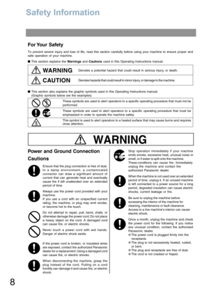 Page 88
Getting to Know Your Machine
Safety Information
For Your  Safety
To prevent severe injury and loss of life, read this section carefully before using your machine to ensure proper and 
safe operation of your machine.
■This section explains the Warnings and Cautions used in this Operating Instructions manual.
WARNINGDenotes a potential hazard that could result in serious injury, or death.
CAUTIONDenotes hazards that could result in minor injury, or damage to the machine.
■This section also explains the...